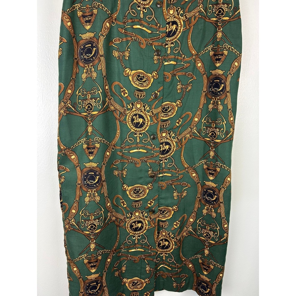 Vintage Collin Creek Equestrian Horse Button Front Maxi Skirt 12 Green Gold - Picture 3 of 5